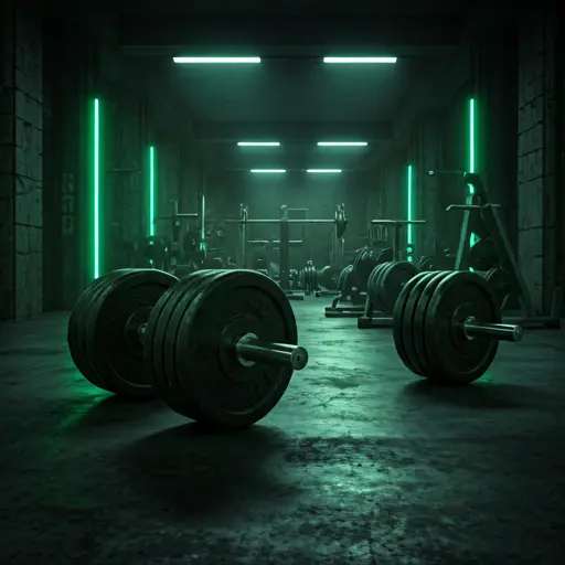 Heavy steel weights in a dark brutalist gym with cyan accents