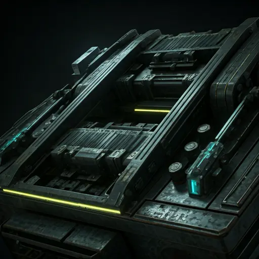 Industrial brutalist machinery — heavy metallic textures with electric cyan and lime highlights